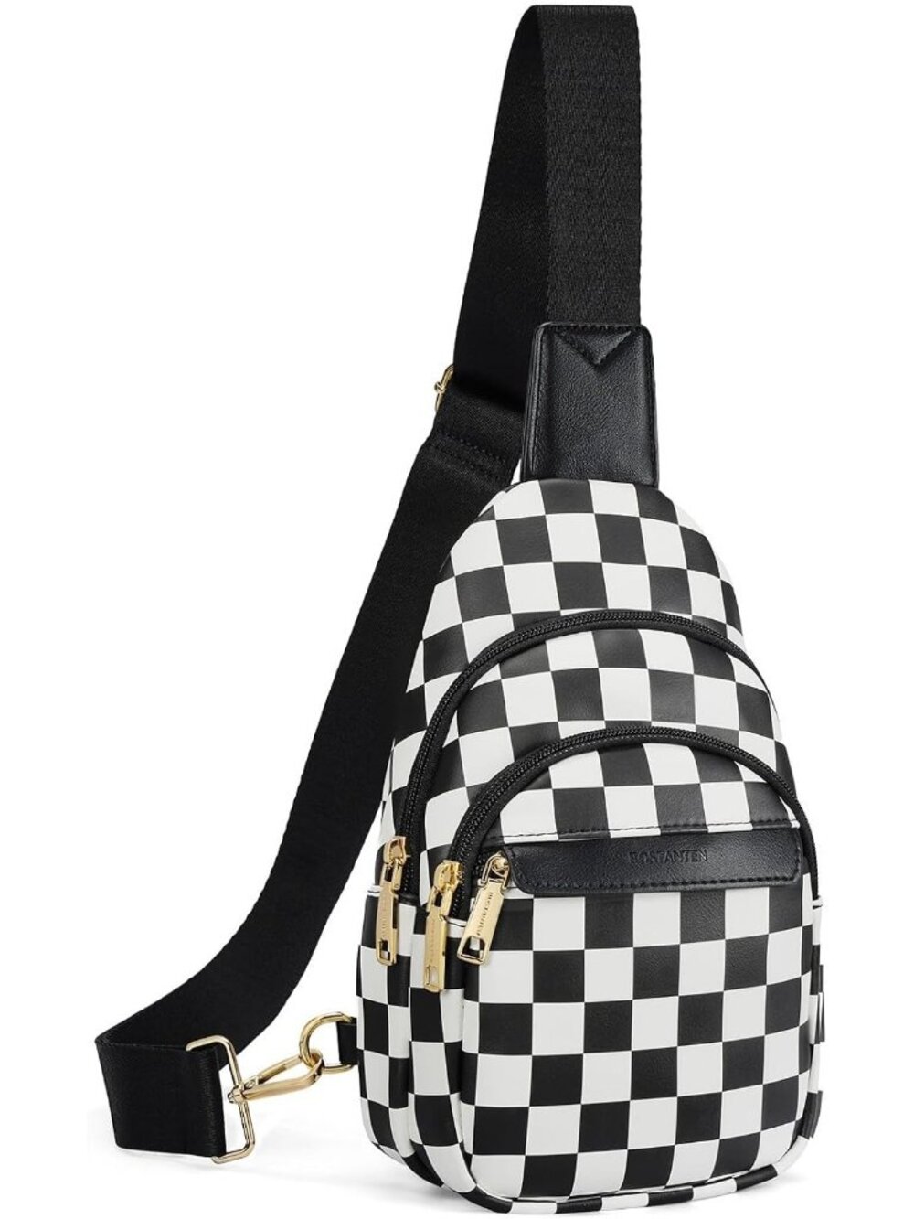 Women Checkered Black Leather Sling Fanny Pack Chest Travel Purse Crossbody Bag
